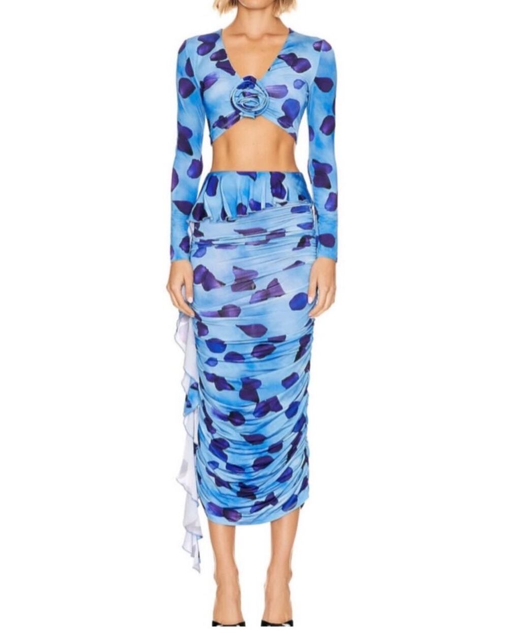 Mirae (2/XS) Tango Blue Purple Abstract Print Rosette Crop Top Midi Skirt Set
